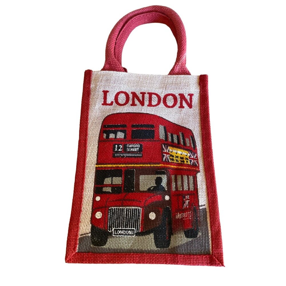 Memento Red Burlap London Doubledecker Bus Bag Tote